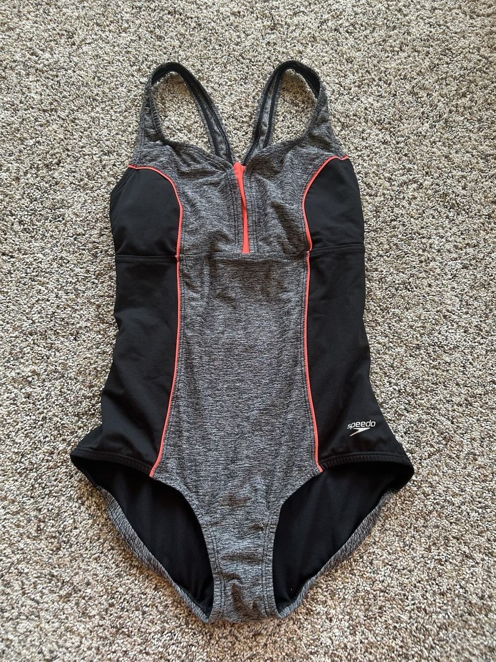 Speedo size 10 Swimsuit One Piece Moderate Cut Black Gray Neon Orange H26